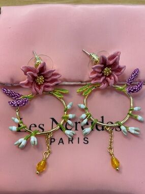 Les Néréides Floral Hoop Earrings Pink Enamel Paris Romantic Statement